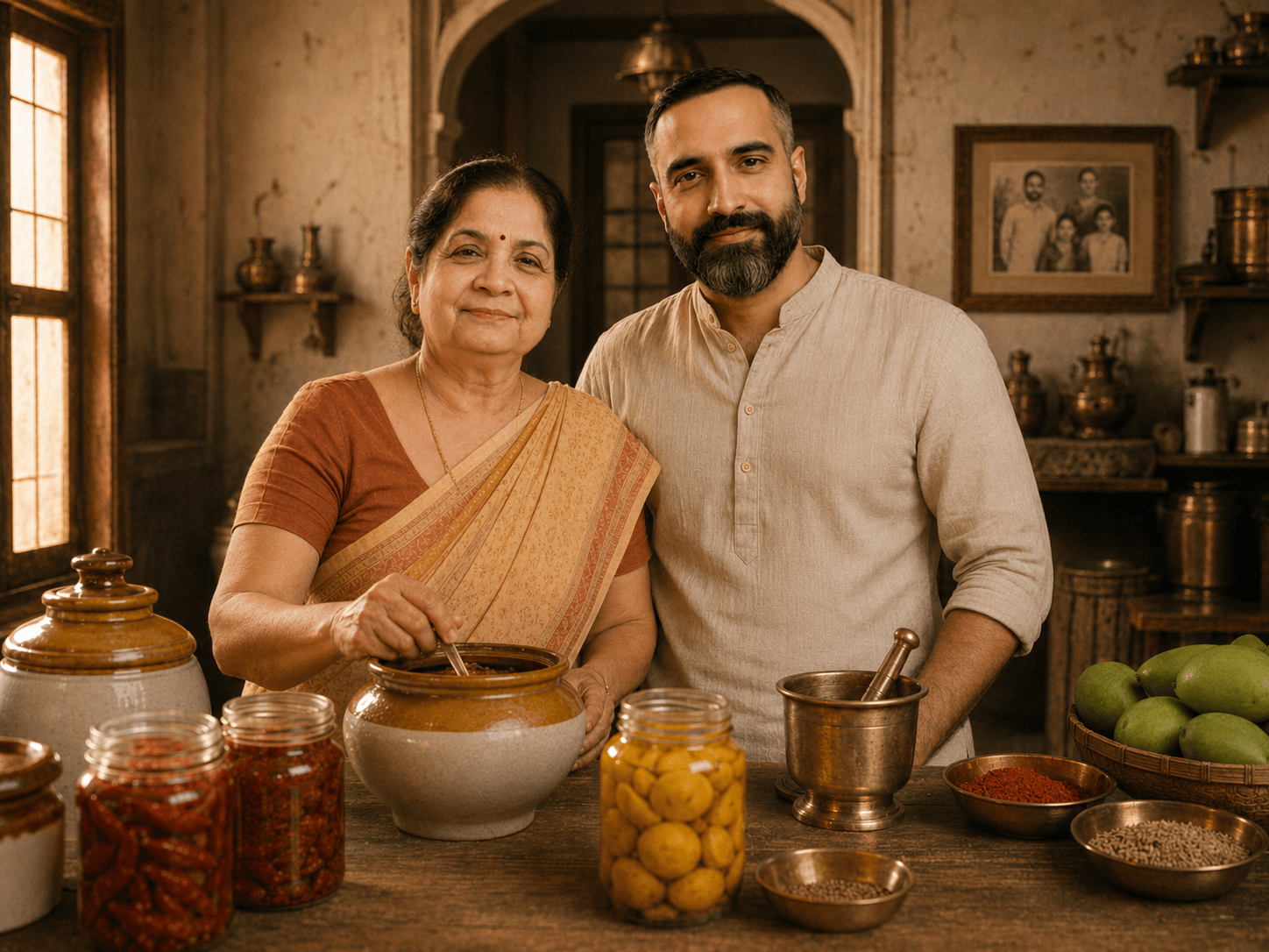 The PickleGully founder in her kitchen with traditional ceramic pickle jars